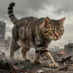 gigantic cat walking on apocalyptic city, very detailed fine art, top of pinterest, trend of artistation, style of ( ( kadinski ) ) ( ( ( ( ( greg rutkowski ) ) ) ) ) and ilia kuvshinov