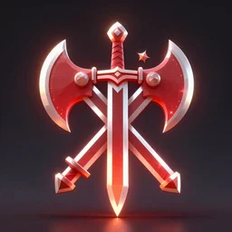 game - icon of sword and battleaxe crossed on a prism, red powerful fantasy epic legends, game icon stylized, digital illustration radiating, a glowing aura, global illumination, ray tracing, 8 k high definition, intricate details, octane render, unreal engine, trending on arstation