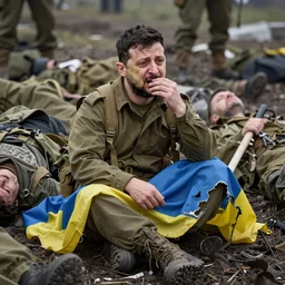 Volodymyr Zelensky at war,  dressed like  a Vietnam war American soldier ,  sitting on the ground between dead corpses , crying and weeping, holding a half burnt  flag of Ukraine,  by Omaya Joha