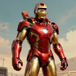 Master chief from halo, red and gold in the style of ironman, 1970s vintage art,