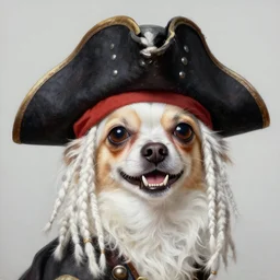 a detailed and accurate masterpiece painting of a pirate chihuahua with crooked teeth and white dreadlocks, white hair dreads, sharp detail, by tyler edlin, noah bradley, john j. park, jordan grimmer trending on artstation