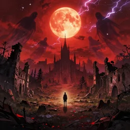 abandoned bloodborne old valley with a person at the centre and a ruined gothic city at the emd, trees and stars in the background, phantoms in the sky, falling red petals, epic red - orange moonlight, perfect lightning, wallpaper illustration by niko delort and kentaro miura, 4 k, ultra realistic