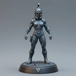 80mm resin detailed miniature of a helmeted muscular woman in full-face iron helmet, head, stomach, navel, boots, Logo, on textured disc base; Product Introduction Photos, 4K, view from front