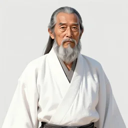 Miyamoto Musashi, 95 years old, wearing a white robe, grey beard, digital art