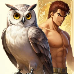 Tekken 4 fighter anime Stunning Portrait Robot Owl with feathers, versus Kazuya Mishima, digital painting, artstation, concept art, soft light, hdri, smooth, sharp focus, illustration, art by tian zi, craig mullins, Mark Arian, WLOP, alphonse mucha