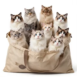 a highly detailed photo of multiple furry cats inside a big bag, white background, studio lighting, 4 k, 8 k