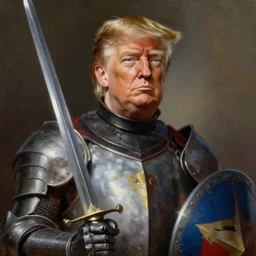 greg manchess oil matte portrait painting, donald trump as a knight with a determined face, sword and shield, wonderful masterpiece highly detailed, scifi, beautiful cinematic light deep focus, elegant, digital painting, smooth, sharp focus, golden ratio, dramatic illumination, ultra realistic, 4 k, art by greg rutkowski wlop rossdraws