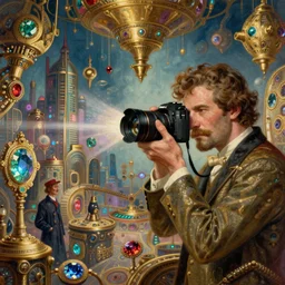 hyper realistic photographer taking a picture, magical, gems, jewels, gold, steampunk, cyberpunk utopia, painted by tom bagshaw, mucha, gaston bussiere, craig mullins, j. c. leyendecker 8 k
