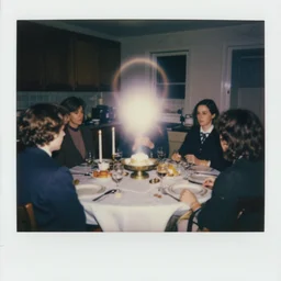 apparition, a 1 9 8 5 color polaroid of a seance at a kitchen table captures the image of a spirit entity, paranormal evidence, aged photo, orbs, aura, backscatter, authentic