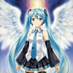 an oil painting of hatsube miku by yoshitaka amano of the black box, film poster from angels egg directed by japanese director mamoru oshii, vintage 8 0 s anime, ethereal, holy, omnious, grainy, astounding, highly detailed, high quality, delicate, soft, very detailed, well defined, color corrected, iridescent light, neon gradient,