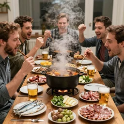 photo realistic, a bunch of guys cheering waiting to eat from a steaming hot pot of cholent, surrounded by other delicacies like herring, charcuterie, beer and scotch