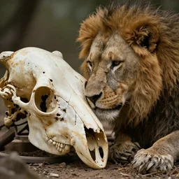a farmed photography of a lion skull kissing a young male human skull, detailed, 4k, fantasy