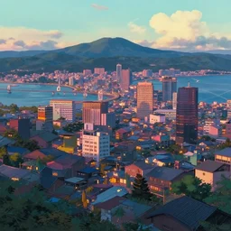 a japanese city near the sea, lofi, dreamy, moody, very colorful, anime inspiration, ghibli vibe