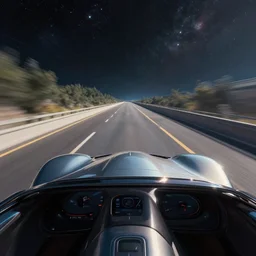view from the cockpit of futuristic jaguar marque car driving on space highway. linear perspective. vanishing point. super highway. high speed. digital painting. digital render. beeple. noah bradley. cyril roland. ross tran. trending on artstation.