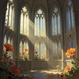 digital painting of the interior of a building with lots of windows, a detailed matte painting by jorge jacinto, featured on deviantart, gothic architecture, solarpunk flowers, sunbeams, matte painting, concept art