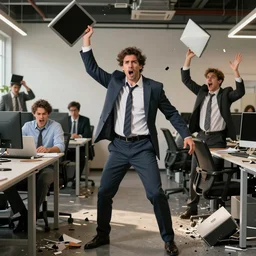unhappy business people throwing computers, screaming yelling, smashing things in their wework office. high resolution color magazine candid photograph.
