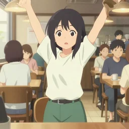 anime film visual illustration a young woman working in a busy cafe interior with many people, cute face by ilya kuvshinov, makoto shinkai, kyoani, masakazu katsura, dynamic pose, crisp and sharp, yoshinari yoh, rounded eyes, anime poster, ambient light, focused, flat, cel shaded