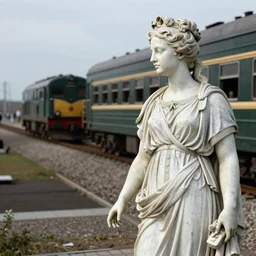 An ancient Greek statue of Anna Karenina looking at an approaching train