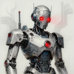 a drawing of a robot with a red light on his face, cyberpunk art by android jones, cgsociety, generative art, circuitry, dystopian art, greeble