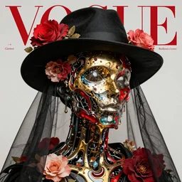 a head made out of metal and glass melting, it is of black and golden and red color, it is wearing a hat and a veil, there are flowers all around it, vogue cover style, greg rutkowski style