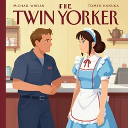 Twin Peaks art, of Michael Shannon dressed as mechanic talking to Jennifer Connelly wearing light blue diner waitress dress, poster artwork by Michael Whelan, Bob Larkin and Tomer Hanuka, Kilian Eng, Chris Moore, Jeffery Smith, from scene from Twin Peaks, simple illustration, domestic, nostalgic, from scene from Twin Peaks, clean, full of details, by Makoto Shinkai and thomas kinkade, Matte painting, trending on artstation and unreal engine, New Yorker magazine cover