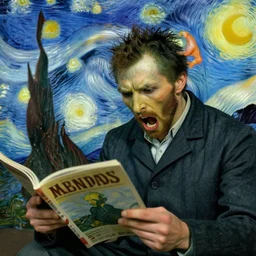 a man pulls out his hair while reading a magazine, in the style of screaming, van gogh