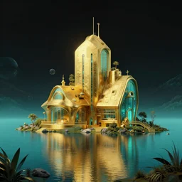photo hyper realistic concept architecture art house solarpunk in the funny lake, volumetric lighting style futuriste, gold and black turquoise ratio,, octane render excellent composition style escher