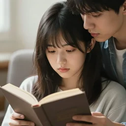 cute girl reading book with her boyfriend, shy emotion. | very very anime!!!, fine - face, audrey plaza, realistic shaded perfect face, fine details. anime. very strong realistic shaded lighting poster by ilya kuvshinov katsuhiro otomo ghost, magali villeneuve, artgerm, jeremy lipkin and michael garmash and rob rey