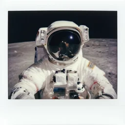 an astronaut taking a Polaroid selfie on the moon