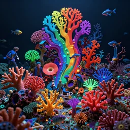 a luminescent coral reef by paolo eleuteri serpieri and tomer hanuka and chesley bonestell and daniel merriam and tomokazu matsuyama and killian eng, unreal engine, high resolution render, featured on artstation, octane, 8 k, highly intricate details, vivid colors, vector illustration, rainbow colors