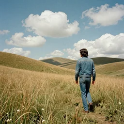 A landscape of hills and tall grass on a sunny day with puffy clouds with a man with medium length black hair, Jean jacket and jeans, sunglasses, walking into the distance, artistic vintage collage, 1970s