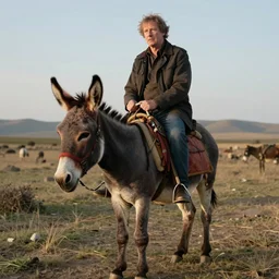 photograph of alan moore riding a donkey. 4 k, award winning, incredible lighting.