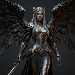 complex 3 d render hyper detailed ultra sharp of a beautiful valkyrie angel of death, d & d, medieval dark fantasy, octane render, 8 k, hd, art by takeshi obata & satoshi kon & artgerm & billelis