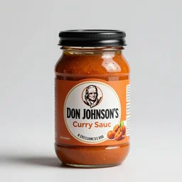 Jar of Don Johnson's curry sauce, professional lighting, marketing photo advert, 8k