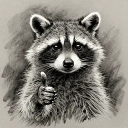 charcoal drawing of racoon giving thumbs up