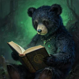 painting of a teddy bear reading from an eldritch book, creepy, intricate, fantasy, d & d, elegant, highly detailed, digital painting, artstation, concept art, smooth, sharp focus, illustration, black and green and blue color scheme