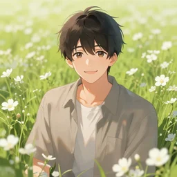 portrait of a happy man in a field of white flowers, gentle lighting, shading, digital illustration, pixiv, by Artgerm
