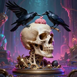 a full - body portrait of a man with an open skull, with a ( crow!!! eating!!! brain!!! ), cult dystopian neon environment, intricate, elegant, highly detailed, rule of thirds, digital sculpture, artstation, 8 k rendering, ray tracing, by salvador dali and david cronenberg