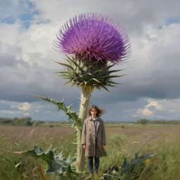 portrait, enormous thistle flower as ahead, a girl wearing coat in a field, surreal photography, wind, cloudy sky, dramatic light, impressionist painting, digital painting, artstation, simon stalenhag
