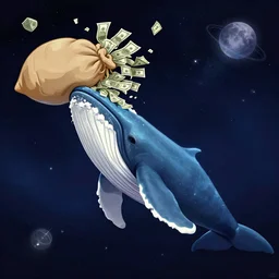 A whale eating a bag of money in space digital art