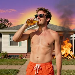 an aussie bogan wearing shorts, sunglasses, drinking beer, smirking with missing teeth, unfazed that his house is on fire, doing stupid things on social media, a beautiful retrowave artwork