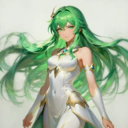 lady palutena, goddess of light, green flowing hair, smug expression, highly detailed painting by gaston bussiere, craig mullins, j. c. leyendecker 8 k