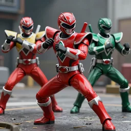 realistic scene of red and green power rangers in war, ultra realistic, 8 k