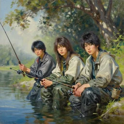 oil painting by ilya kuvshinov,, baugh casey, craig mullins, coby whitmore, of a youthful japanese idol, long hair, fishing and wearing fisherman's outfit, highly detailed, breathtaking face, studio photography, noon, intense bounced light, water reflection, large tree casting shadow, serine intense sunlight