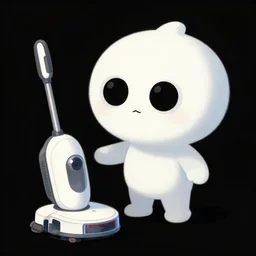 family friendly, chimera cute vacuum cleaner character, for kids assisting a concept machine, black background, big eyes, big eyes, simple smooth shapes and forms, photo cartoon illustration, digital painting, alejandro alvarez alena aenami, by carel willink and gregory crewdson, by thomas kinkade