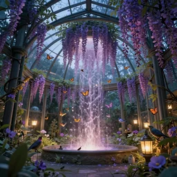 secret garden with glass cover, birds and butterflies, wisteria waterfall ， fairy tale, evening lights, highly detailed, low angle view, artstation, mysterious, comfort, in the style of aetherpunk