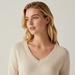 olive skinned blonde female model in her twenties, wearing a v - neck sweater, looking content, focused on her neck, photo realistic, extreme detail skin, natural beauty, no filter, slr, golden hour, 4 k, high definition, selfie