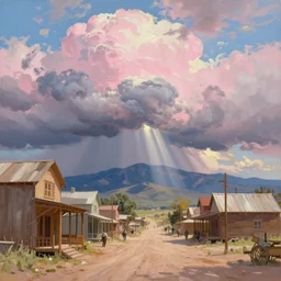 oil painting of american old west town, harbour, dramatic storm clouds, dusty street, sunrays, dramatic, very very very beautiful art, cinematic lighting, romanticism by goya, bright art, pastel color, pink and blue sky, sunny summer day, tall mountains