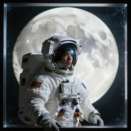 an astronaut staring at a moon that has been framed in glass
