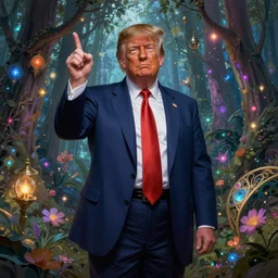 ultra realistic illustration of magical president trump, forest, fantasy, colorful lights, intricate, elegant, highly detailed, digital painting, artstation, concept art, smooth, sharp focus, illustration, art by artgerm and greg rutkowski and alphonse mucha